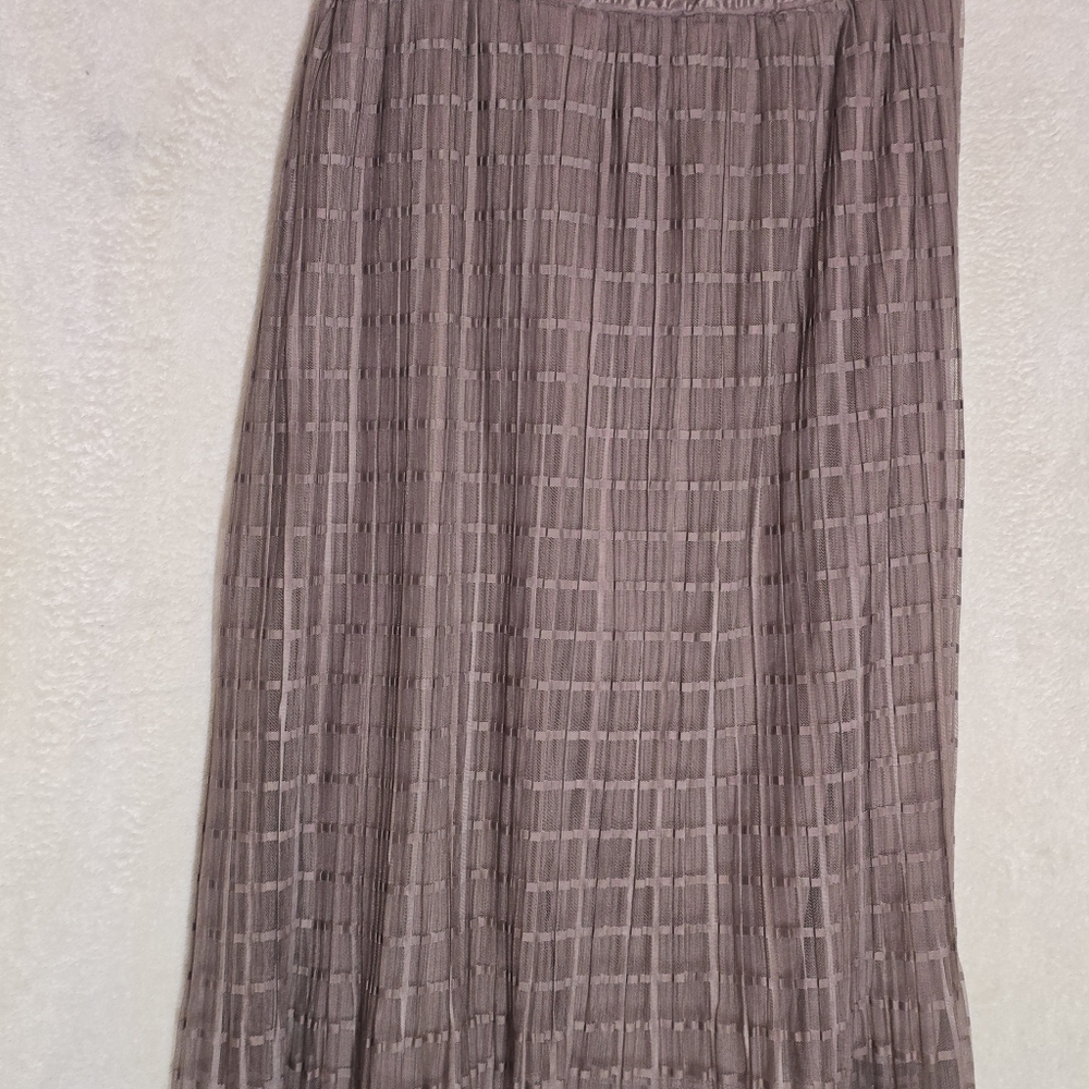 Metrowear Womens Size L Brown Windowpane Pleated Mesh Midi Skirt - Picture 2 of 10
